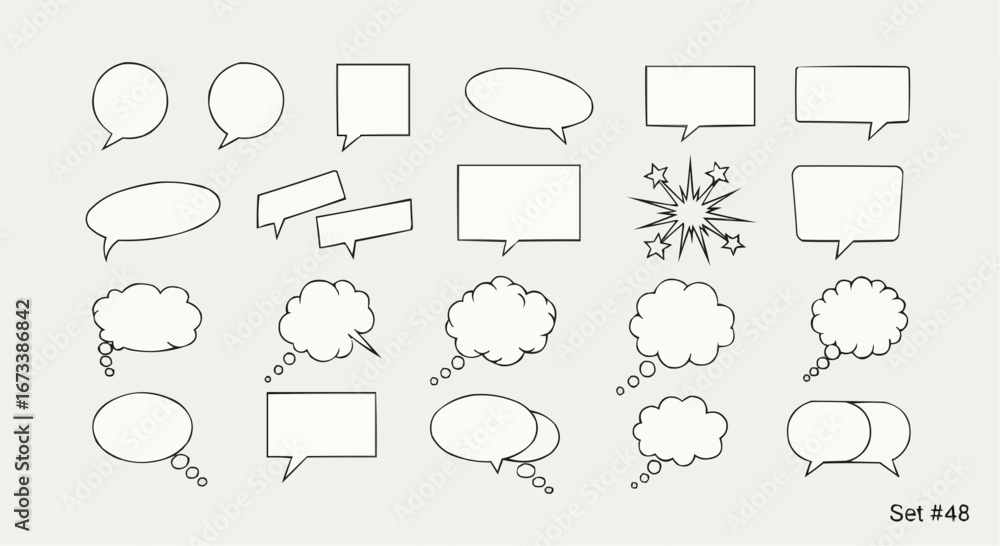 Fototapeta premium A collection of various hand-drawn speech and thought bubbles, set number 48, in black outline on a light gray background.