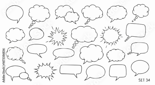 Collection of hand-drawn speech bubbles and comic balloons.