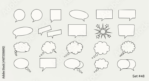 A collection of various hand-drawn speech and thought bubbles, set number 48, in black outline on a light gray background.