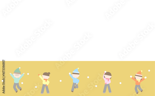 雪合戦をする子供たちの罫線イラスト