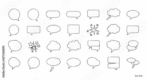A collection of various black and white line art speech bubbles and thought clouds on a white background.
