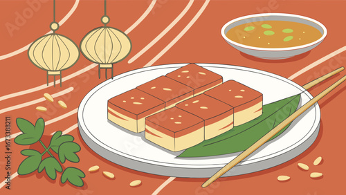 Asian Dish Arrangement on Plate with Sauce.