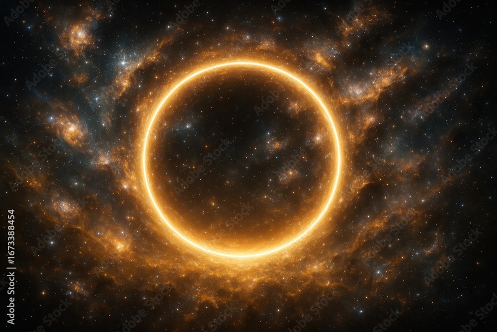 Fototapeta premium Celestial Ring in the Cosmic Void: A mesmerizing cosmic ring, ablaze with celestial light, floating against the backdrop of the starlit cosmos.