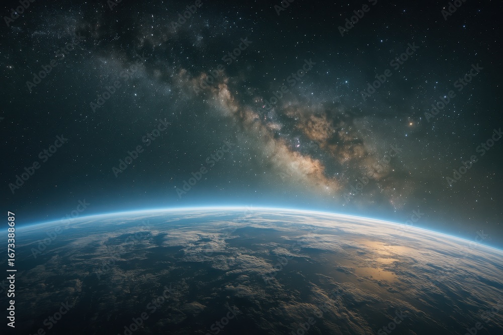 Obraz premium Celestial Frontier: A breathtaking panoramic vista unveils the awe-inspiring splendor of the cosmos, with the radiant Milky Way stretching across the canvas of night above a distant Earth. 