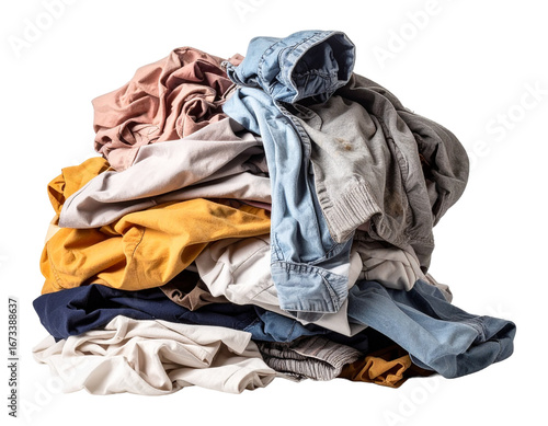 A tall, messy pile of clothes with a mix of colorful garments, including yellow, red, and blue items, creating a chaotic heap.