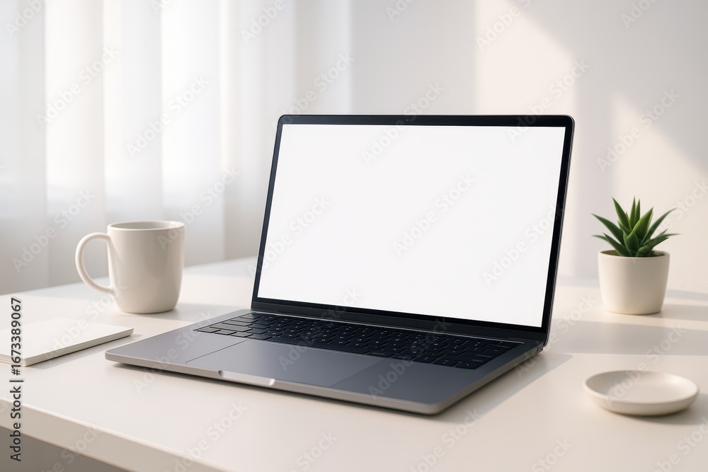 Laptop Setup in Sunlight: A modern laptop sits on a clean desk, next to a steaming mug, a small plant, a notepad and a saucer creating a workspace bathed in natural light. Laptop Setup in Sunlight: A modern laptop sits on a clean desk, next to a steaming mug, a small plant, a notepad and a saucer creating a workspace bathed in natural light.