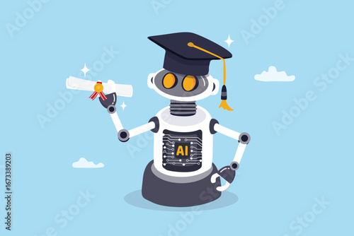 AI for education, Artificial Intelligence for academic learning or teaching innovation, education tech software using AI for school student, robot AI with graduated mortarboard hold diploma degree.