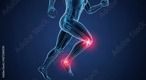 Anatomy of a Running Injury - X-Ray View of a Jogger with Glowing Red Knee and Ankle Pain.