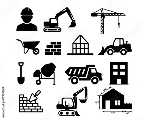Construction Silhouette Icons Set – Worker, Tools, Vehicles and Buildings