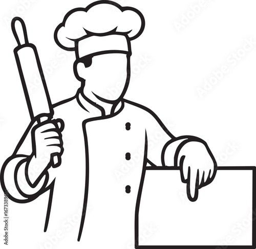 Chef vector illustration with rolling pin and blank sign, black and white outline for cooking, food branding and menus