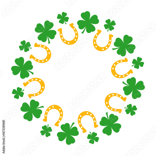 Día de San Patricio. Logo con silueta de tréboles de 4 hojas con herraduras formando una corona. Símbolo de la suerte y la herencia irlandesa.
