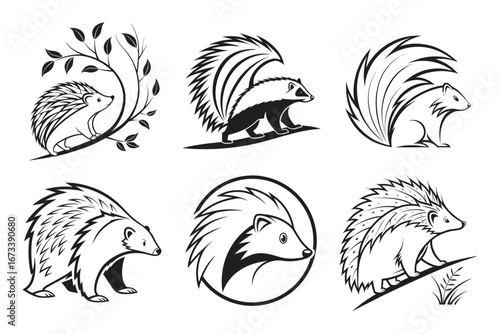 Charming collection of stylized hedgehog and skunk illustrations perfect for logos and branding projects seeking a natural, friendly, and memorable visual identity