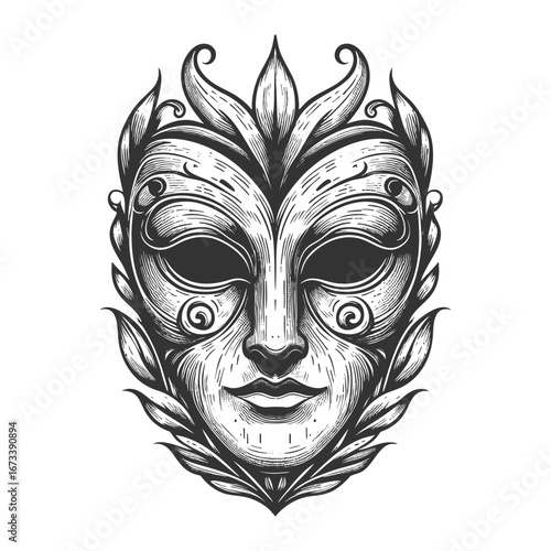 haunting jester-style mask with flowing ribbon-like extensions, carved features, and a gothic mysterious appearance sketch engraving generative ai vector illustration. Scratch board. Black and white.