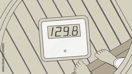 Digital illustration of feet on a scale showing a weight of 1298 health wellness lifestyle.