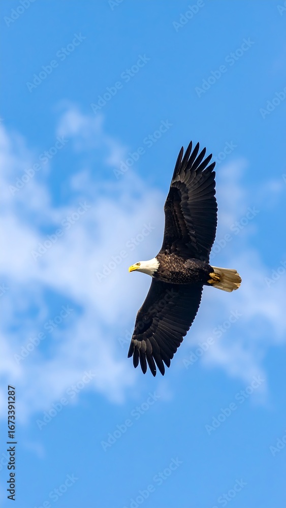 Obraz premium Bald eagle soaring in a vibrant blue sky