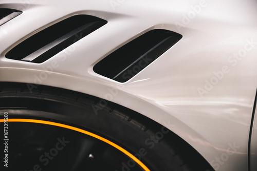 Super car close up view, front wheel. Luxury
