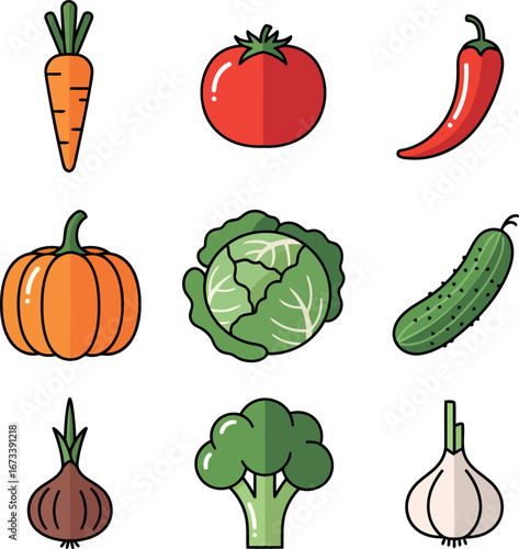 Vibrant and fresh assortment of healthy vegetables illustrated in a clean vector design