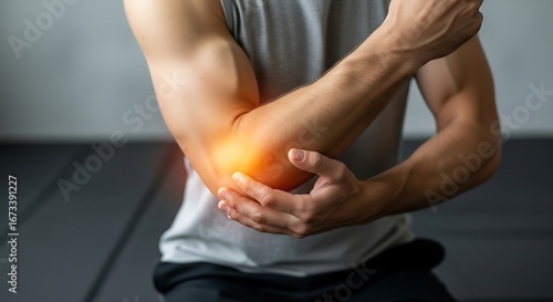 Muscular Athlete Gripping His Painful Elbow with a Fiery Orange Glow of Inflammation.