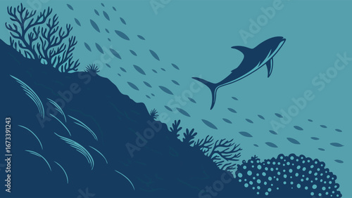 Underwater scene with marine life illustration.