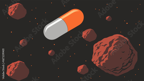 A Capsule in Space Among Asteroids.