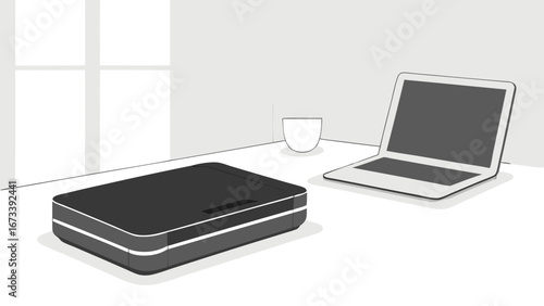 Workspace with Laptop Device and Cup Modern Office Concept.