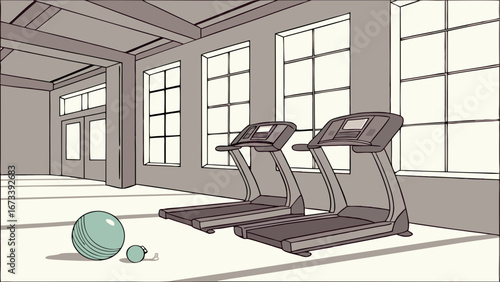Gym interior with treadmills and exercise balls fitness center design workout equipment illustration.