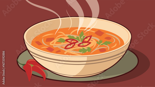 Illustration of a bowl of hot soup with steam and chili peppers.