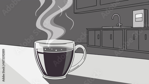 A steaming cup of coffee in a kitchen.