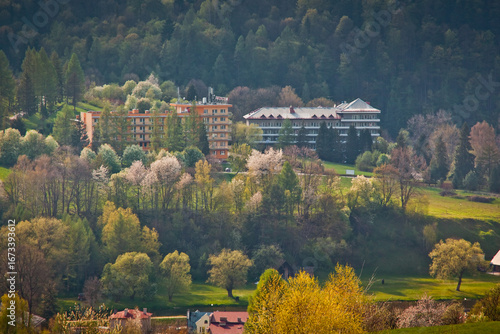 Fototapeta Naklejka Na Ścianę i Meble -  Panorama Muszyny spod Malnika w piękny, wiosenny dzień.