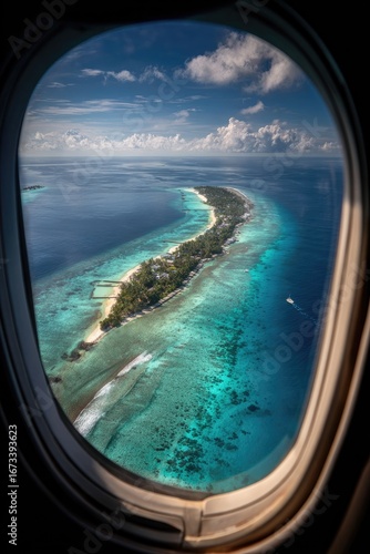 Island paradise seen from airplane window