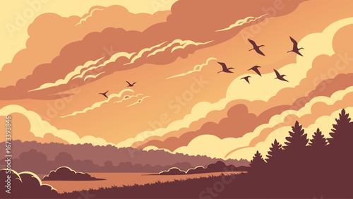 Flock of Birds Silhouetted Against a Sunset Sky.