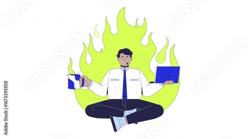 Stress management soft skill 2D animation. Professional mindfulness. Calm business arab man cross-legged with coffee mug and laptop animated character cartoon flat concept metaphor 4K video isolated