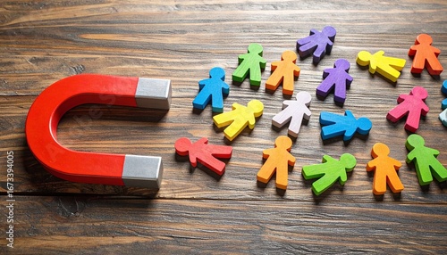 Wallpaper Mural Red horseshoe magnet attracting colorful human icons on wood, symbolizing influence and connection. Torontodigital.ca