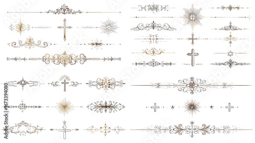 Elegant decorative cross dividers set in gold and silver design. Vintage ornamental borders with Christian cross symbols for cards, invitations, and decoration.