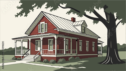 Red House with Porch and Large Tree Illustration.