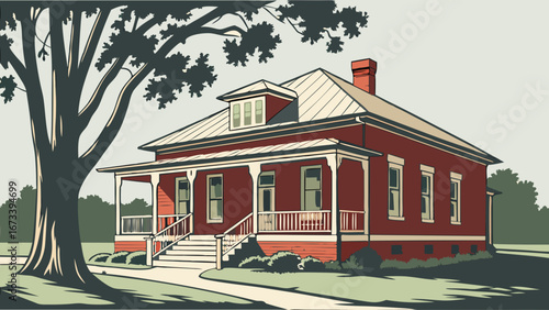 A Classic Home with a Porch and Large Tree Illustration.