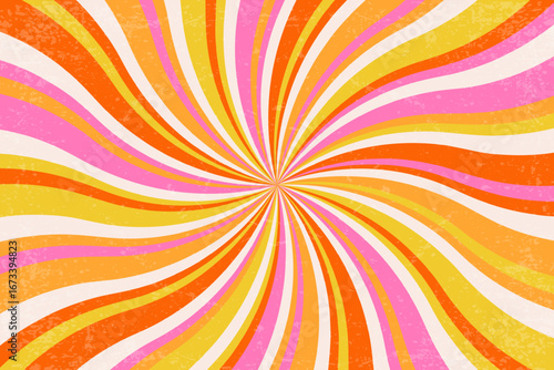 Retro groovy background with pattern of spiral rays. Sunburst psychedelic wavy illustration for summer poster. Swirl radial 70s abstract vector graphic with grunge texture