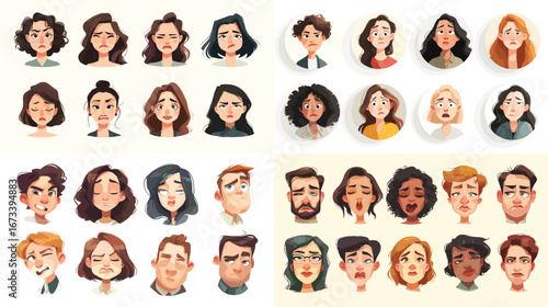 Cartoon illustration set of sad and emotional faces. Characters show feelings of worry, stress, and disappointment in expressive modern portrait style.