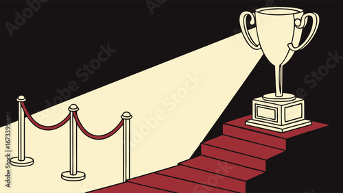 A Spotlight on a Trophy on a Red Carpet Stage with Stanchions.