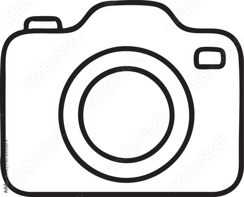 Minimalist camera vector illustration, black and white outline icon for photography, media, content creation and branding