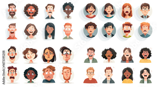 Cartoon illustration set of expressive faces with emotions. Funny character portraits showing happiness, sadness, anger, and surprise in modern vector style.