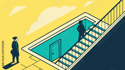 Abstract Illustration of Figures by Staircase and Door Conceptual Art Modern Minimalist Design.