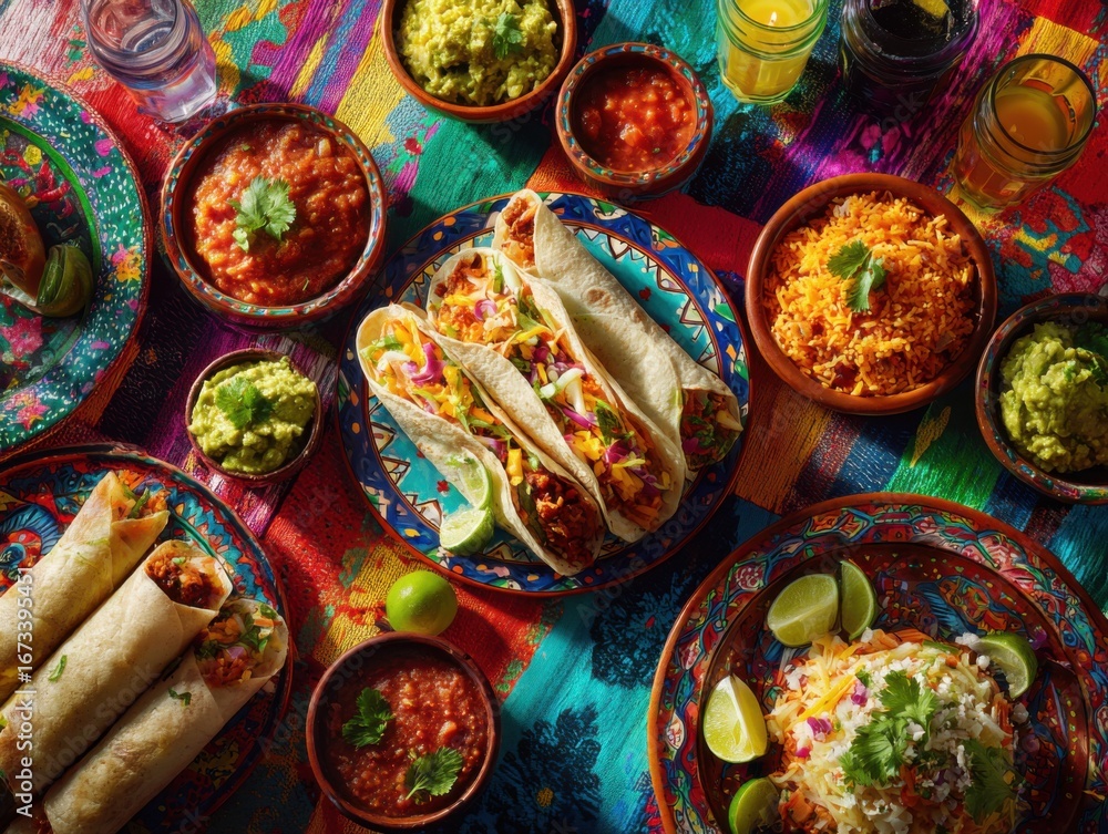 Fototapeta premium Vibrant Mexican Fiesta: Tacos, Burritos, Rice, Guacamole, and Salsa Spread on Colorful Tablecloth