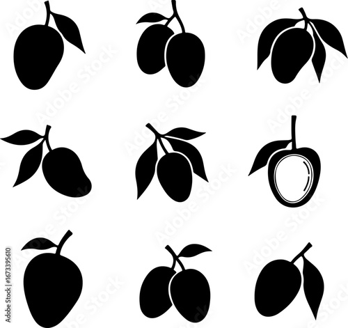 "Black and White Mango Silhouette Set" Vector