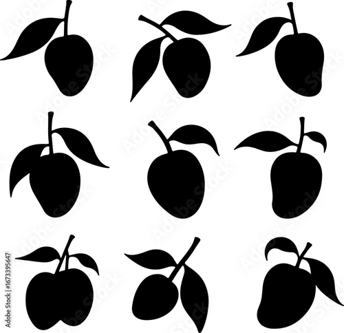 "Black and White Mango Silhouette Set" Vector
