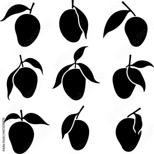 "Black and White Mango Silhouette Set" Vector