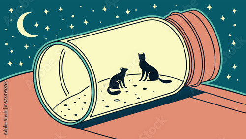 Cats in a jar with a night sky background illustration.