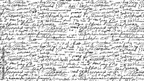 Seamless white pattern of abstract illegible handwritten text. Vintage grunge calligraphy script, old book document. Vector illustration of monochrome unreadable handwriting cursive poetry