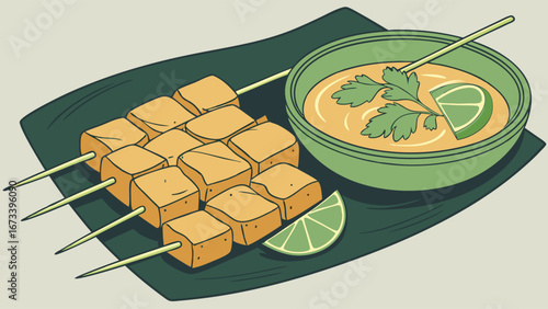 Skewered Appetizers with Dipping Sauce Illustration.