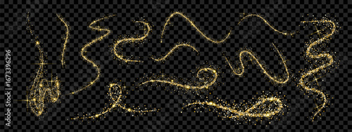 Abstract gold glitter design elements. Shiny, glittering curves and lines for elegant invitations and greeting cards. Vector illustration.